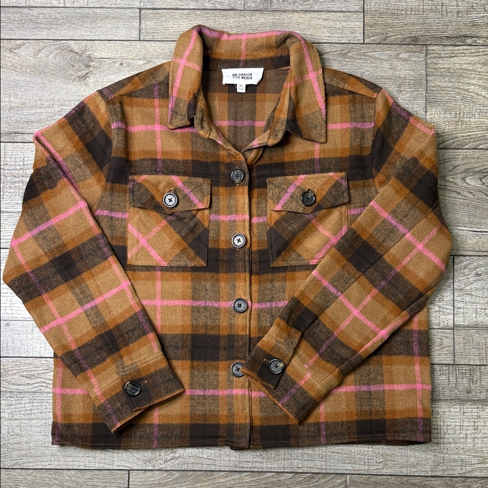 BB Dakota Steve Madden Pink and Brown Plaid Shacket